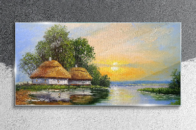 Obraz na skle Poklidný západ slunce nad vesnicí