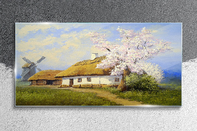 Obraz na skle Malování krajiny Chata