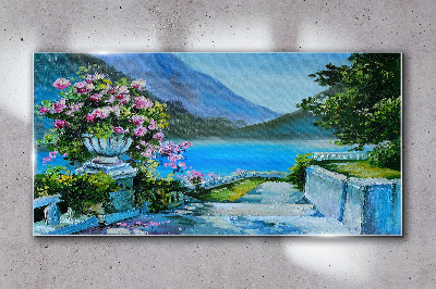 Obraz na skle Lake hory květiny