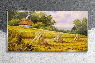 Obraz na skle Zlatá pole a venkovská chalupa