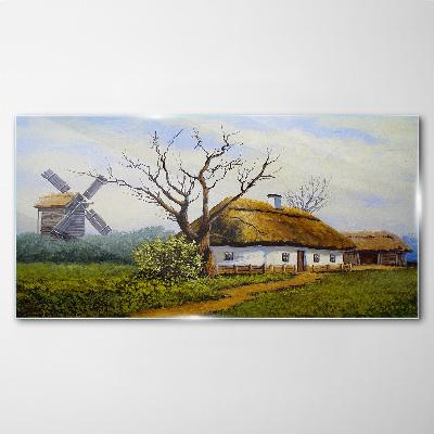 Obraz na skle Malování krajiny Chata Młyn