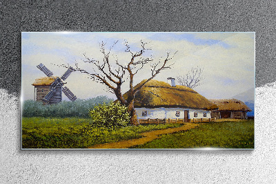Obraz na skle Malování krajiny Chata Młyn
