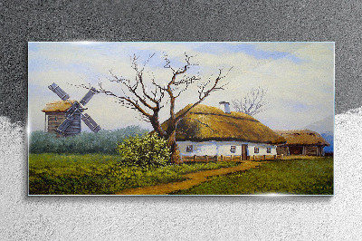 Obraz na skle Venkovská krajina s větrným mlýnem