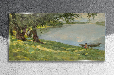 Obraz na skle Malování lodí jezero strom