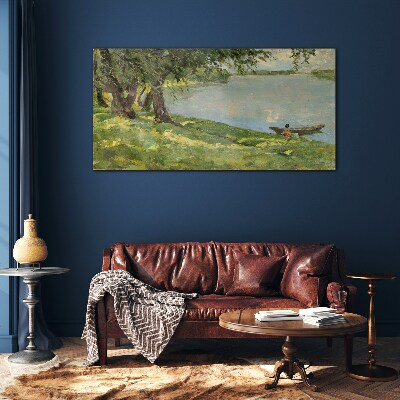 Obraz na skle Malování lodí jezero strom
