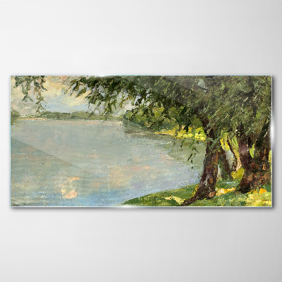 Obraz na skle Malování jezero stromy