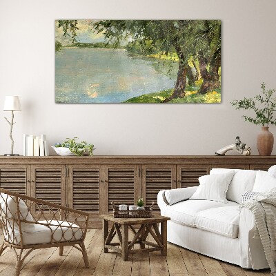 Obraz na skle Malování jezero stromy
