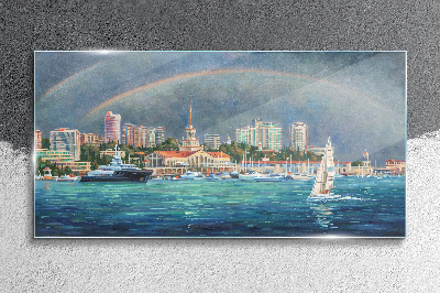 Obraz na skle Panorama moře s duhou