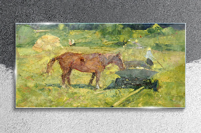 Obraz na skle Zvířecí koně pole vesnice