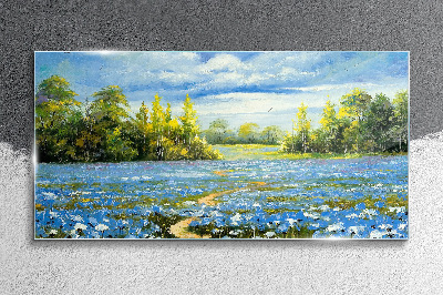 Obraz na skle Jarní krajina s modrými květy
