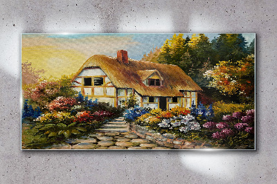 Obraz na skle Květiny strom chata venkov
