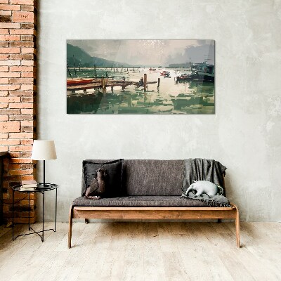 Obraz na skle Přístav jezera lodí hor