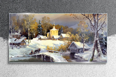 Obraz na skle Zimní krajina s vesnickým kostelem