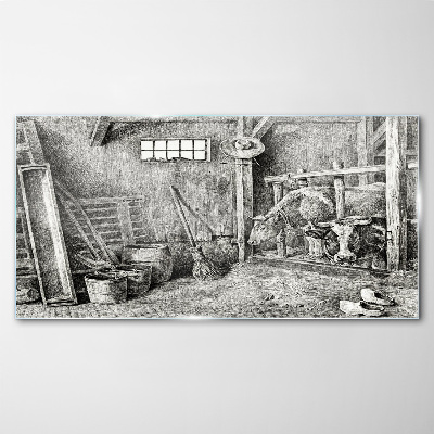 Obraz na skle Kotec s krávami a nářadím