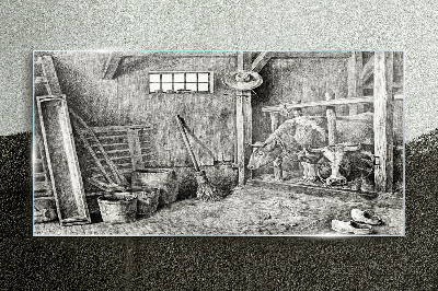 Obraz na skle Kotec s krávami a nářadím