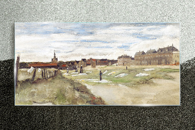 Obraz na skle Krajina s postavami na pozadí města