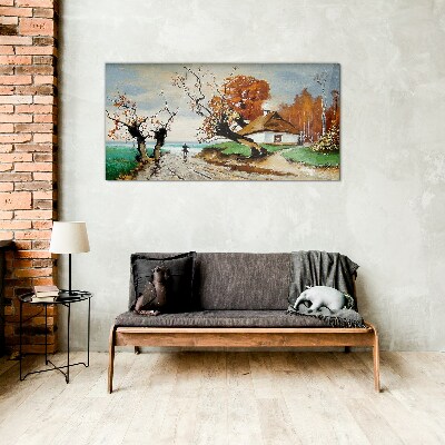 Obraz na skle Abstrakce krajiny Chata strom