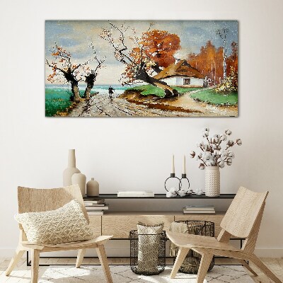 Obraz na skle Abstrakce krajiny Chata strom
