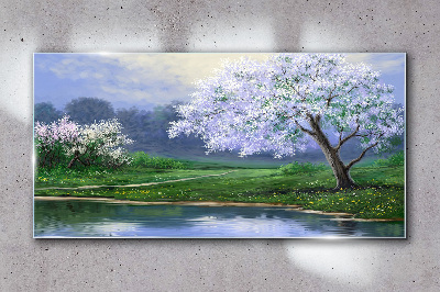 Obraz na skle Lake stromy květiny