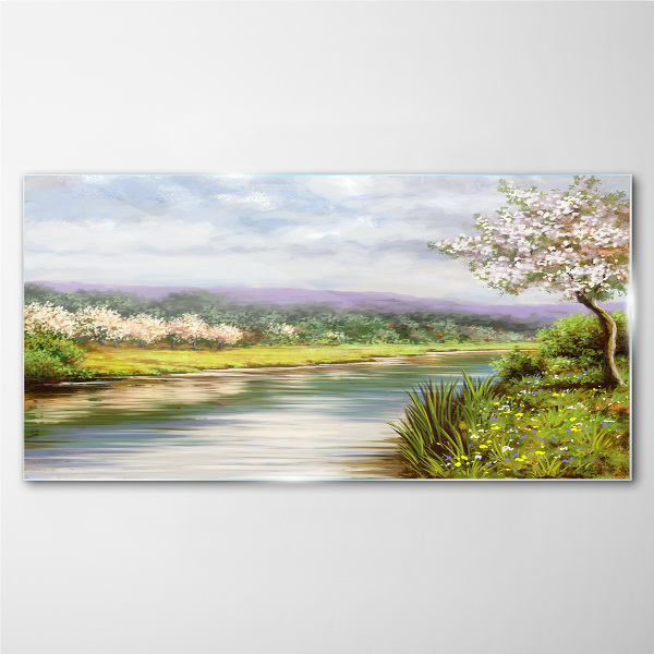 Obraz na skle Strom řeka květiny krajina