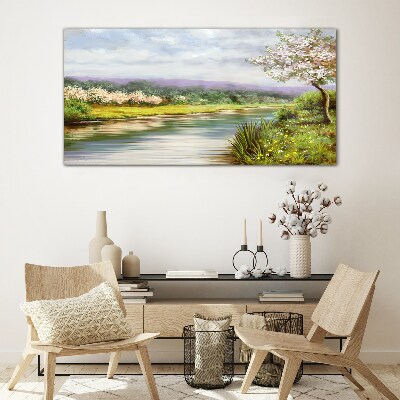 Obraz na skle Strom řeka květiny krajina