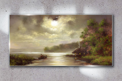 Obraz na skle Jezero stromy Chata Rybak