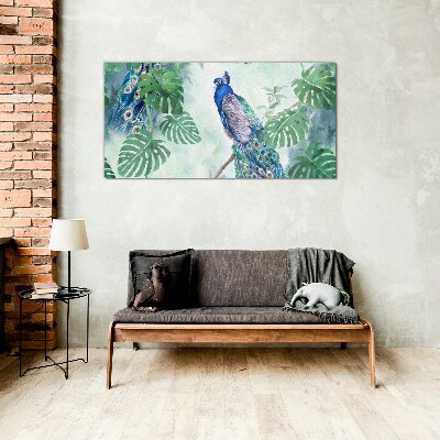 Obraz na skle Větev listy pták páv
