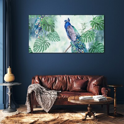 Obraz na skle Větev listy pták páv