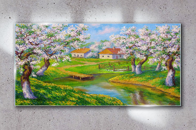 Obraz na skle Jarní krajina s kvetoucími stromy