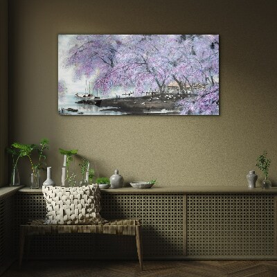 Obraz na skle Strom květiny čluny