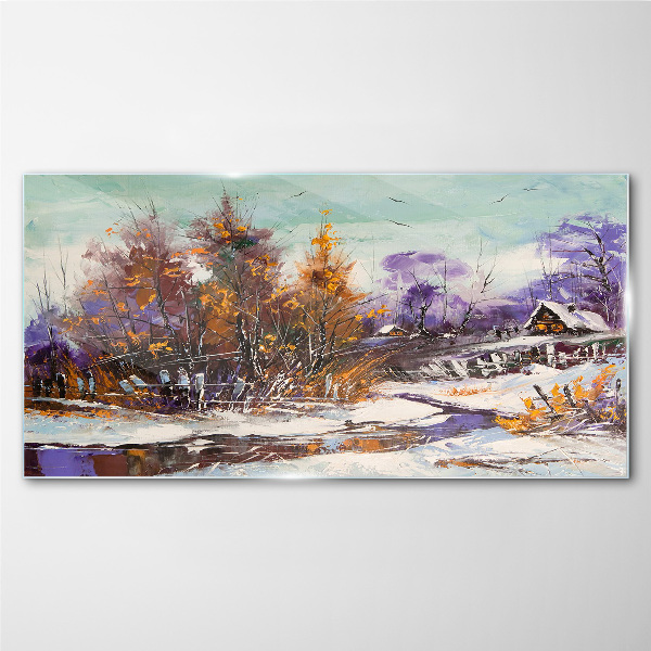 Obraz na skle Zimní sníh stromy Hut řeka