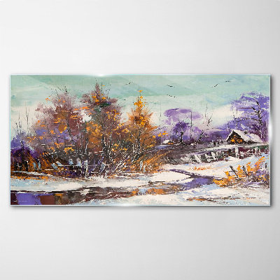 Obraz na skle Zimní sníh stromy Hut řeka