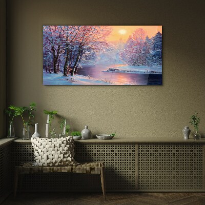 Obraz na skle Zimní řeka stromy slunce