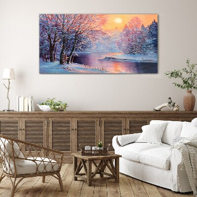 Obraz na skle Zimní řeka stromy slunce