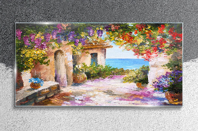 Obraz na skle Květiny domy mořská krajina