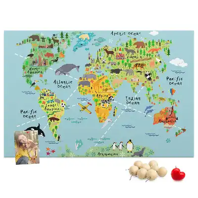 Korková tabule Mapa světa se zvířaty