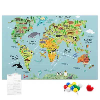 Korková tabule Mapa světa se zvířaty