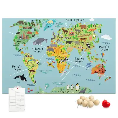 Korková tabule Mapa světa se zvířaty