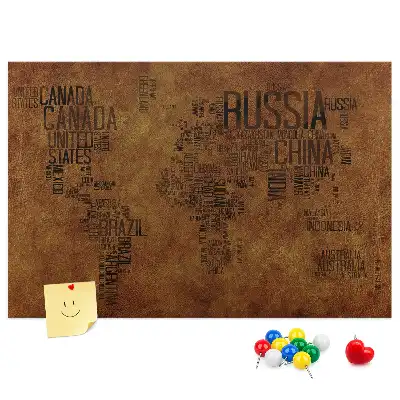 Korková nástěnná tabule s mapou světa a názvy zemí