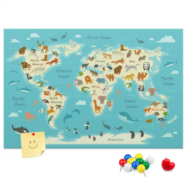 Nástěnka do dětského pokoje Ilustrovaná mapa světa se zvířaty