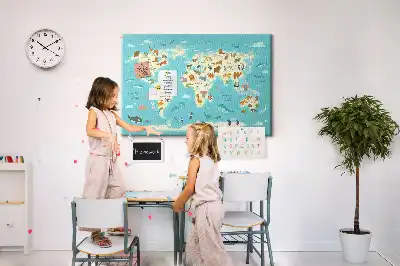 Nástěnka do dětského pokoje Mapa světa zvířat