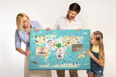 Nástěnka do dětského pokoje Ilustrovaná mapa světa se zvířaty