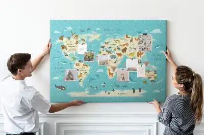 Nástěnka do dětského pokoje Ilustrovaná mapa světa se zvířaty