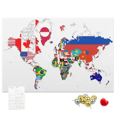 Korková nástěnka s mapou národních vlajek