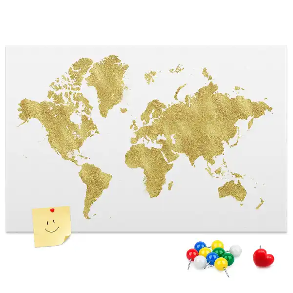 Korková nástěnka se zlatou mapou světa