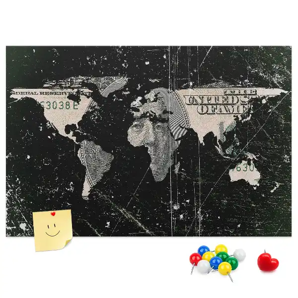 Nástěnka korková Mapa světa s dolary