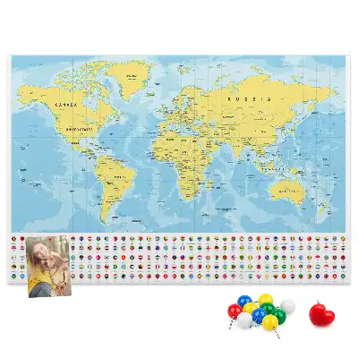 Korková tabule Mapa světa a vlajky