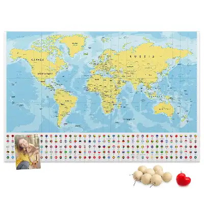 Korková tabule Mapa světa a vlajky