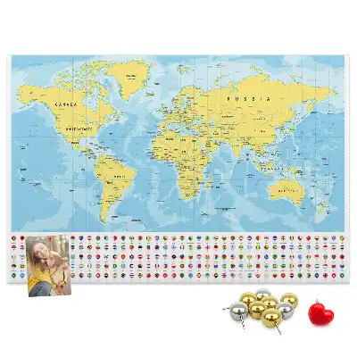 Korková tabule Mapa světa a vlajky