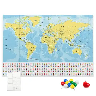 Korková tabule Mapa světa a vlajky